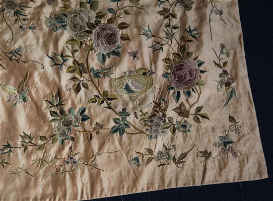 A Chinese embroidered pale pink silk panel, 150 x 160cm, unframed